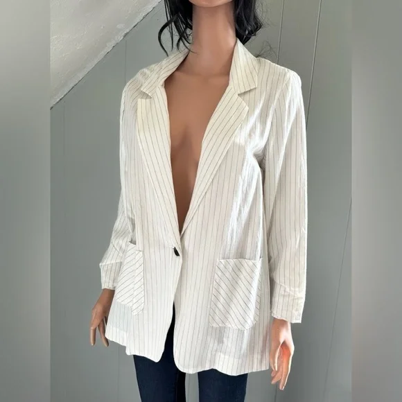 Drew Narrow Stripe Linen Blend Blazer White Lightweight Jacket Medium NWT - Picture 4 of 8